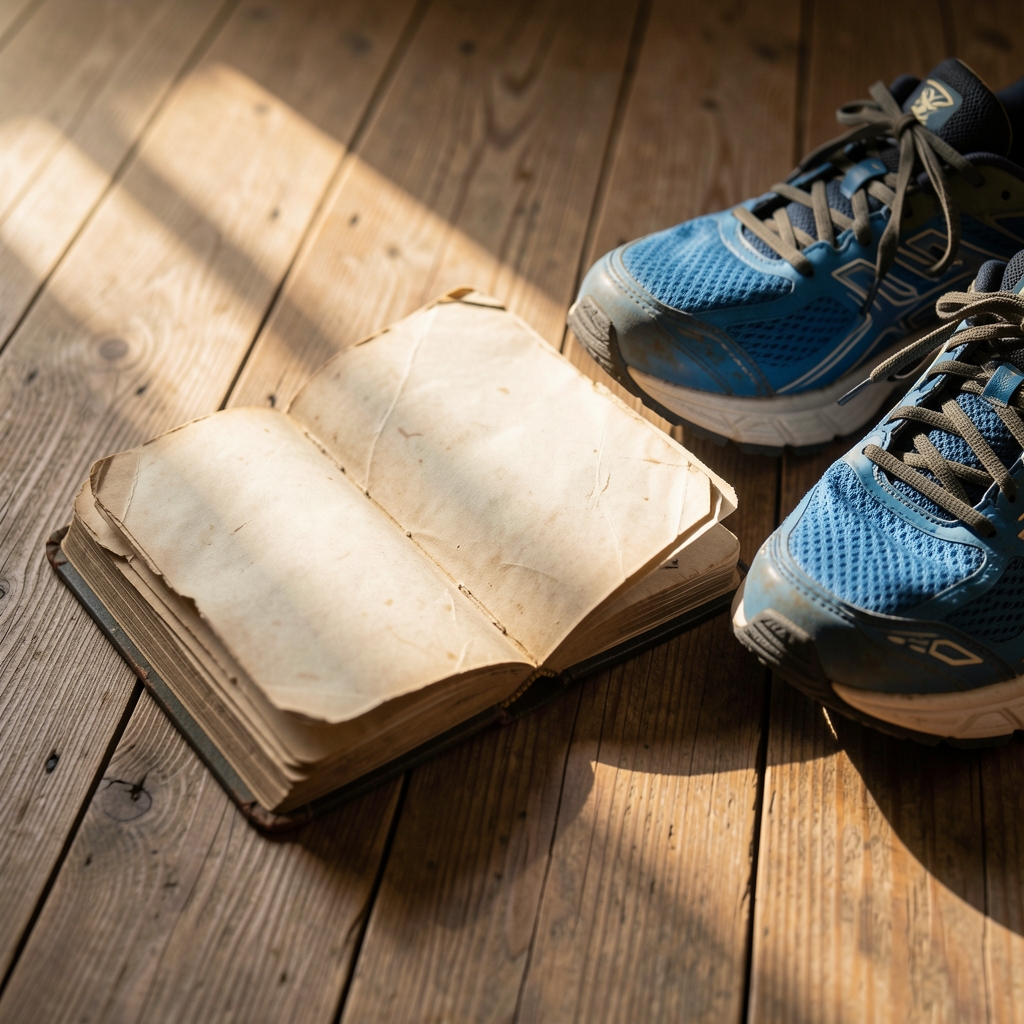 A worn training journal lying open on a wooden floor beside running shoes, early morning daylight streaming across the pages