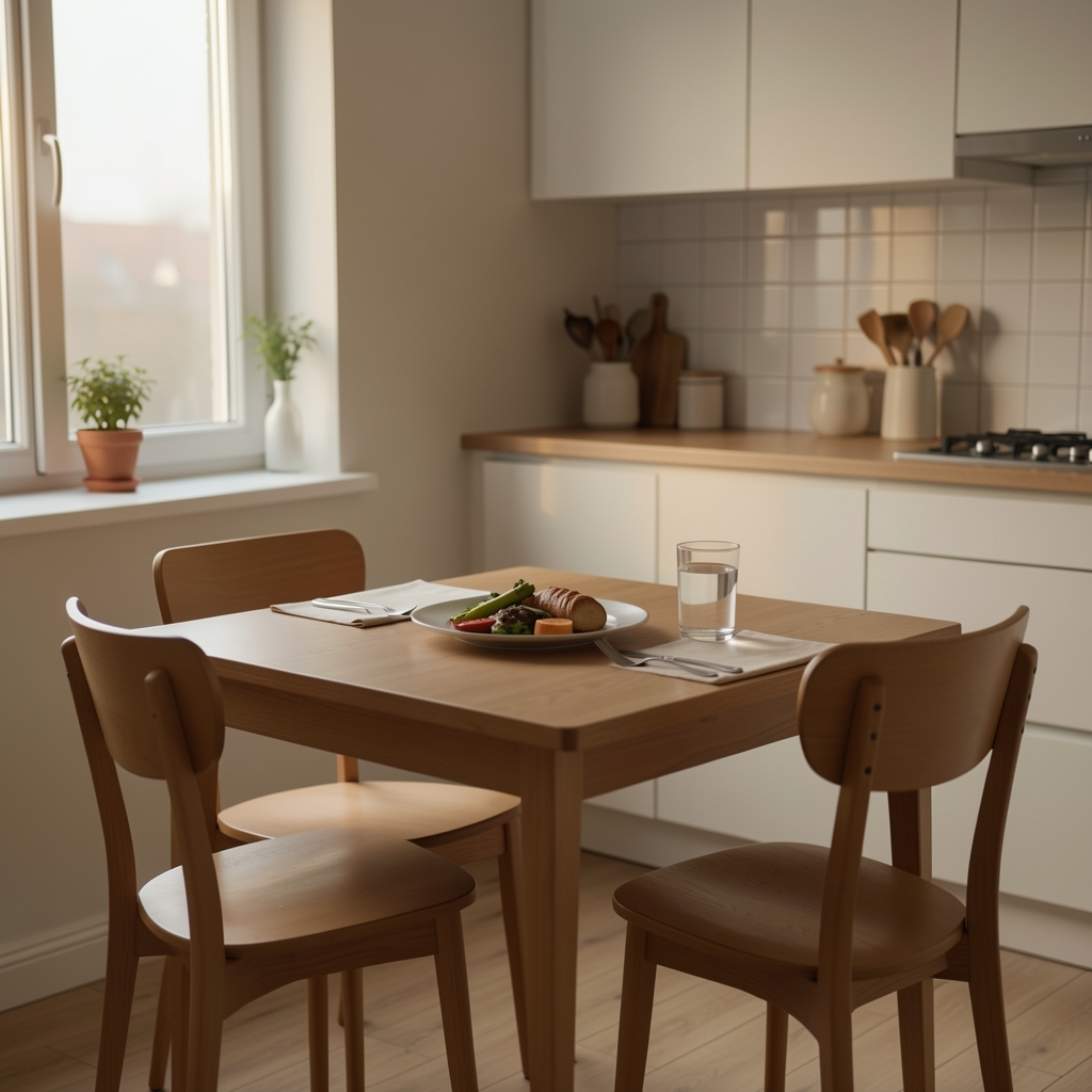 A small dining table set for one in a calm, minimally decorated kitchen, evening light from a window, a simple plate of food and a glass of water